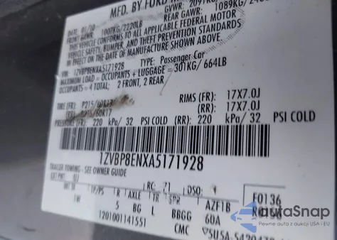 2010 Ford Mustang V6/V6 Premium z USA, uszkodzony, nr VIN 1ZVBP8ENXA5171928